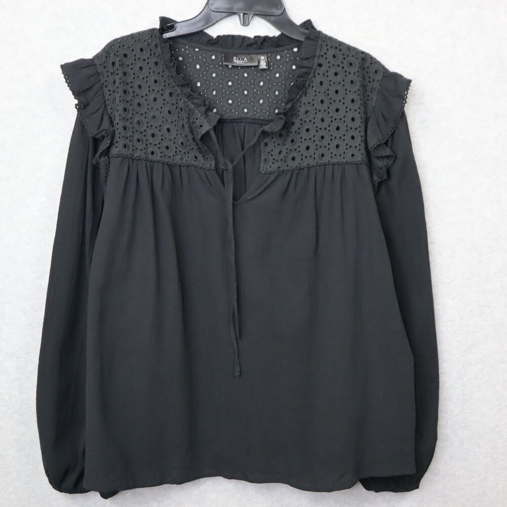 Ella Rafaella Eyelet‎ Top Womens Plus 1X Cotton Ruffles Black Peasant
